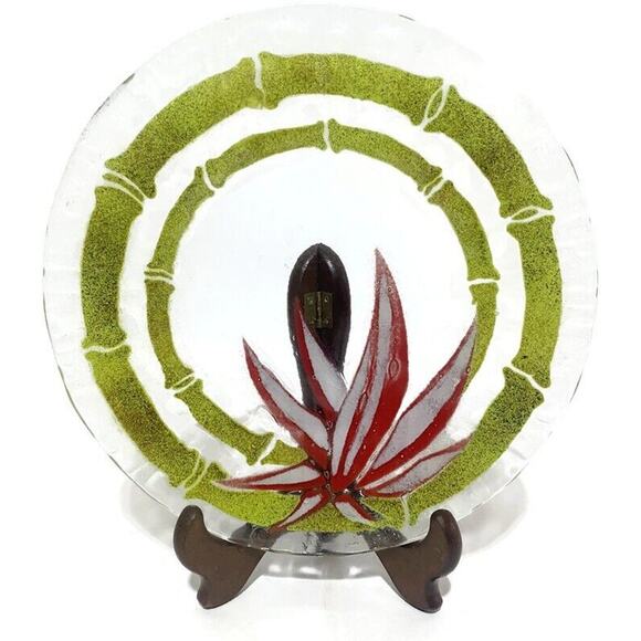 Sydenstricker Fused Glass Plate Blue and Red Flowers 8.5" Lot of Two - Picture 3 of 8